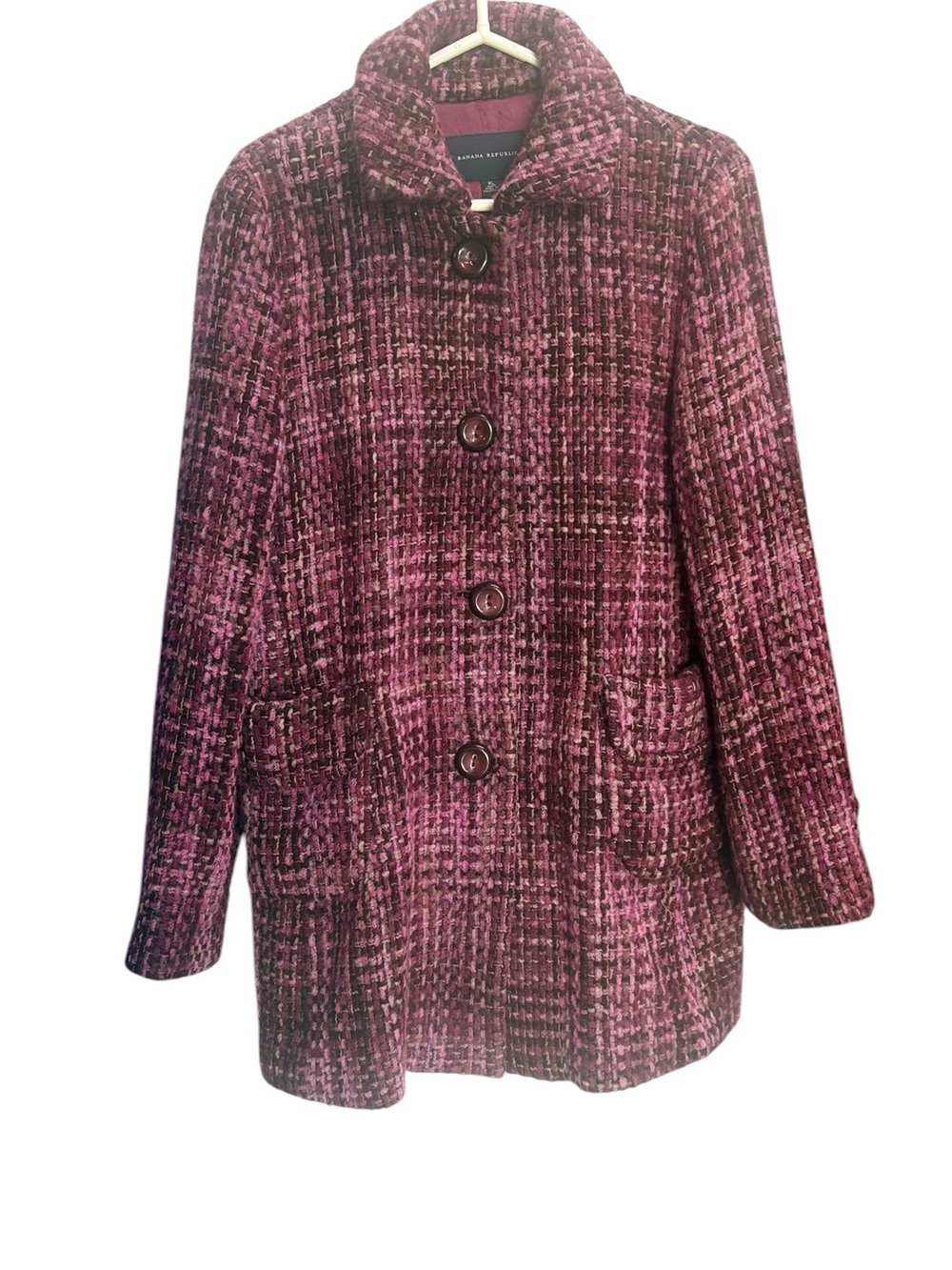 Banana Republic Pink&Purple Plaid Fall Winter Wool Mohair Blend Pea Coat Sz XL
